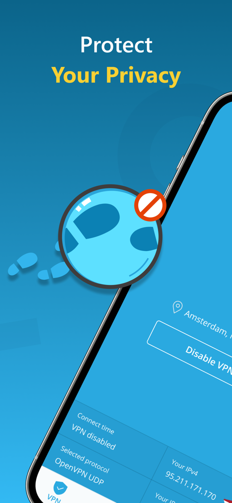 hide.me VPN - Smartphone-Bildschirm, der die hide.me VPN-App mit dem Text Protect Your Privacy anzeigt