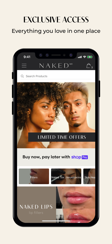 NakedMD - NakedMD mobile app home screen displaying medical aesthetic treatments limited time offers and lip filler options