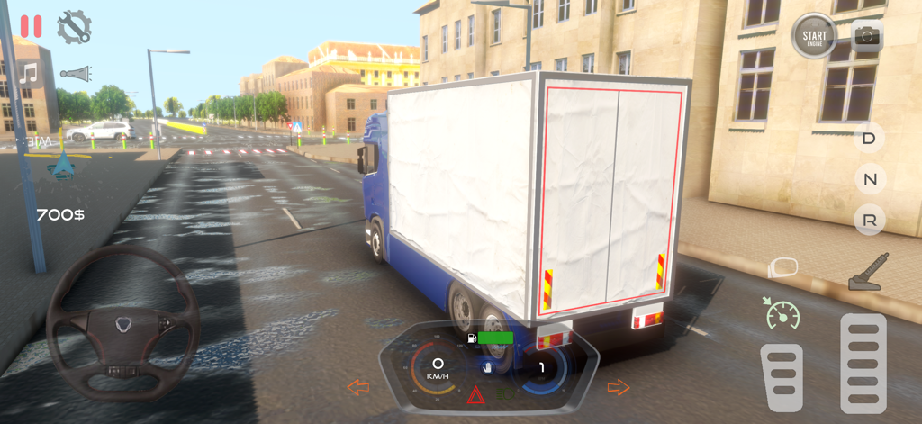 Real Truck Simulator Europe 3D - Blauer LKW fährt auf einer Stadtstraße mit Pfützen im Mobile Game Real Truck Simulator Europe 3D