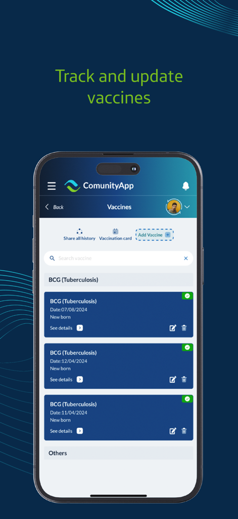 Mobile app interface showing a digital vaccination record for tracking and updating family health data