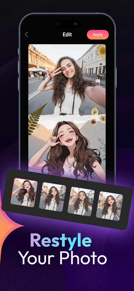 Toon AI: Cartoon photo editor - Interfaz de la aplicación Toon AI mostrando una selfie transformándose en varios estilos de arte de anime y caricatura.