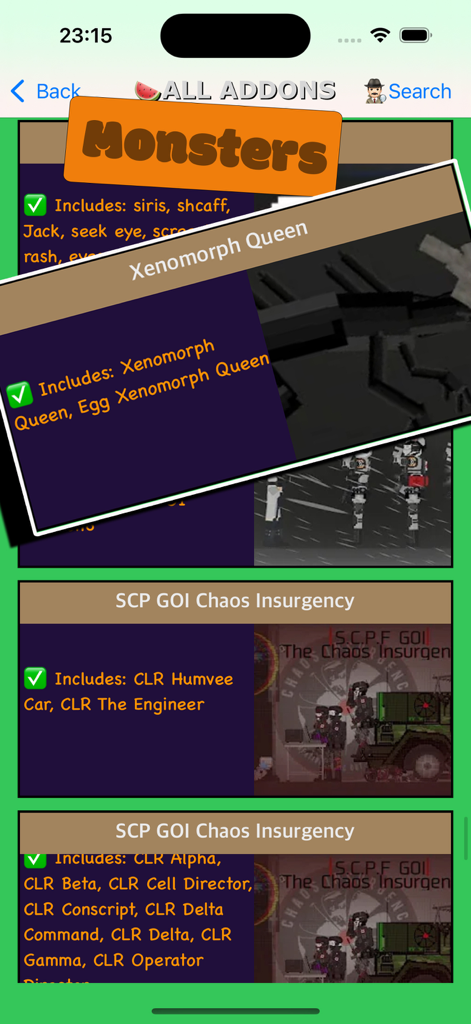 Addons for Ragdoll Mod - A list of monster and SCP mods in the Addons for Ragdoll Mod app interface.