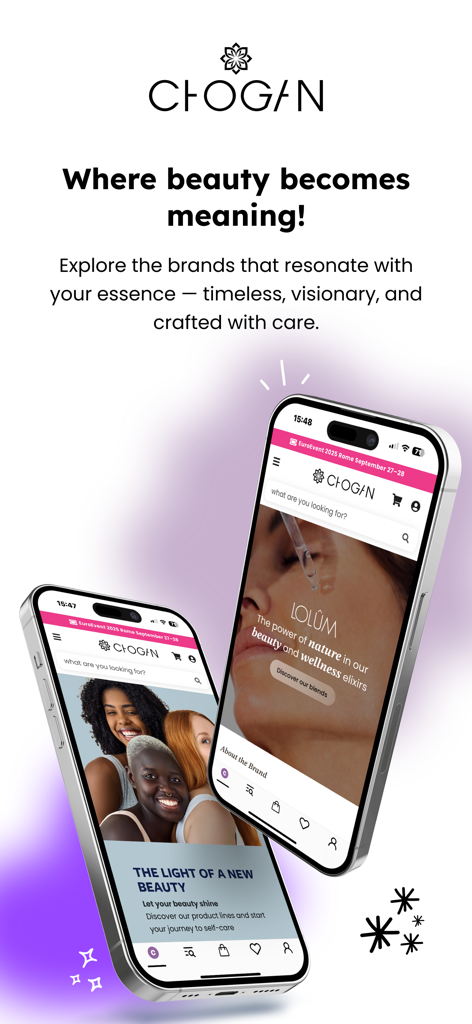 Two iPhones displaying the Chogan Group app interface featuring beauty products and professional business management tools.