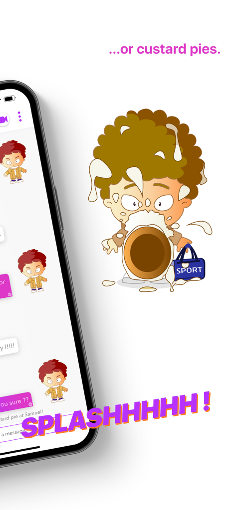 Xooloo - Messenger for Kids - Un avatar de dessin animé couvert de crème anglaise avec le texte Splash sur Xooloo Messenger pour Enfants