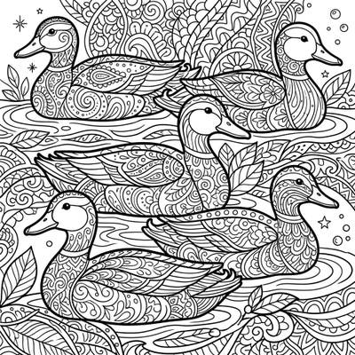 Explore a captivating coloring page featuring a flock of graceful ducks intricately patterned with Zentangle art. Designed for teens, this detailed template offers a meditative and engaging coloring experience.