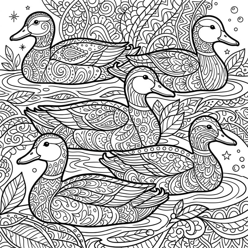 Explore a captivating coloring page featuring a flock of graceful ducks intricately patterned with Zentangle art. Designed for teens, this detailed template offers a meditative and engaging coloring experience.