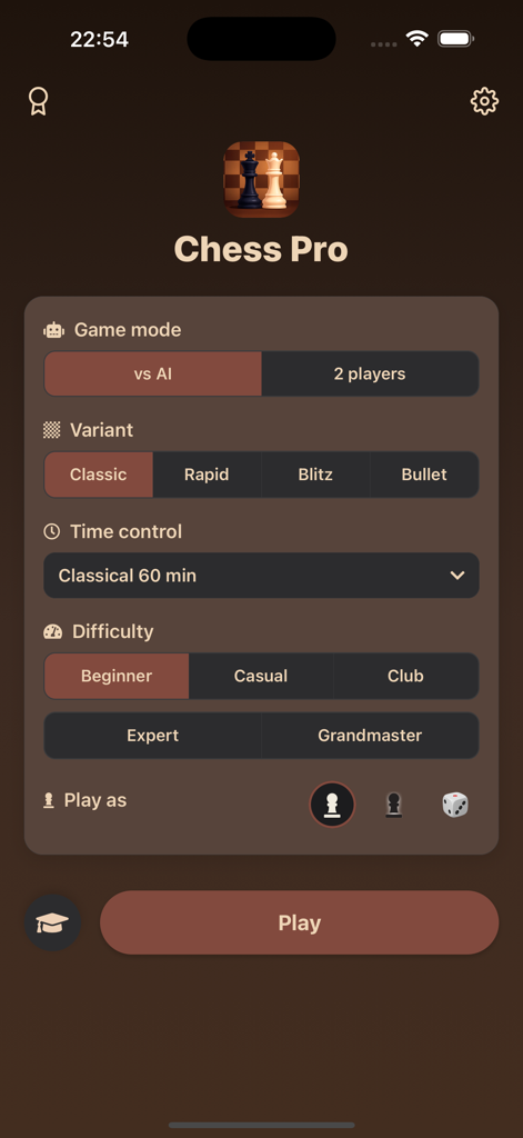 Chess Pro: vs AI & 2 Player - Menú principal de la aplicación Chess Pro que muestra la selección de modos de juego, niveles de dificultad y configuraciones de control de tiempo.