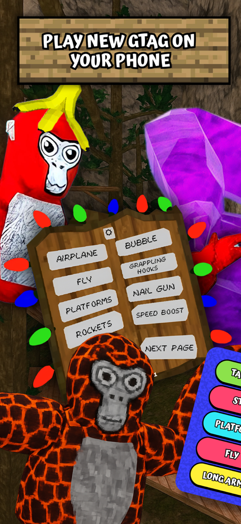 Gorilla Tag mod menu on a mobile phone featuring custom skins and various gameplay mods