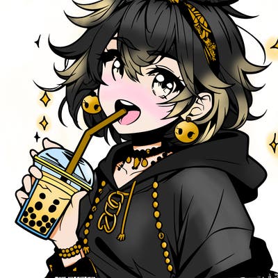 hot baddie anime girl drinking boba and biting the straw