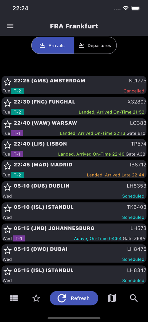 Mobile app screen showing a list of flight arrivals with status terminal and gate information for Frankfurt Airport