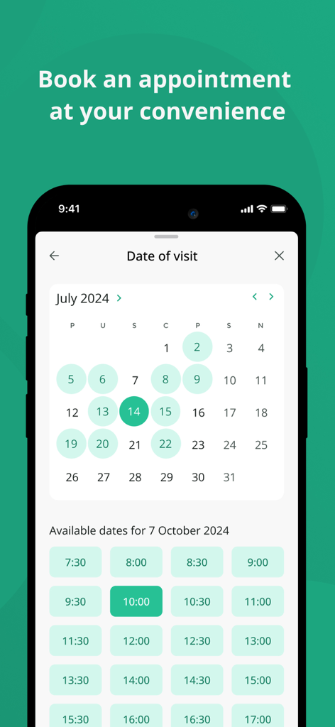 Medevio - Mobile app interface showing a calendar and time slots for booking a medical appointment