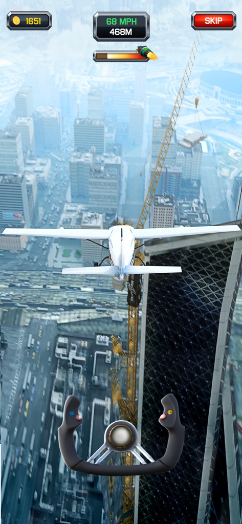 A small white airplane flying through a dense city skyline with skyscrapers and construction cranes