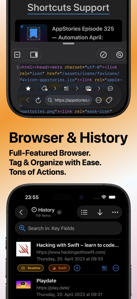 Surfed Pro Browser & Bookmark - Surfed Pro browser interface displaying history management and shortcuts integration