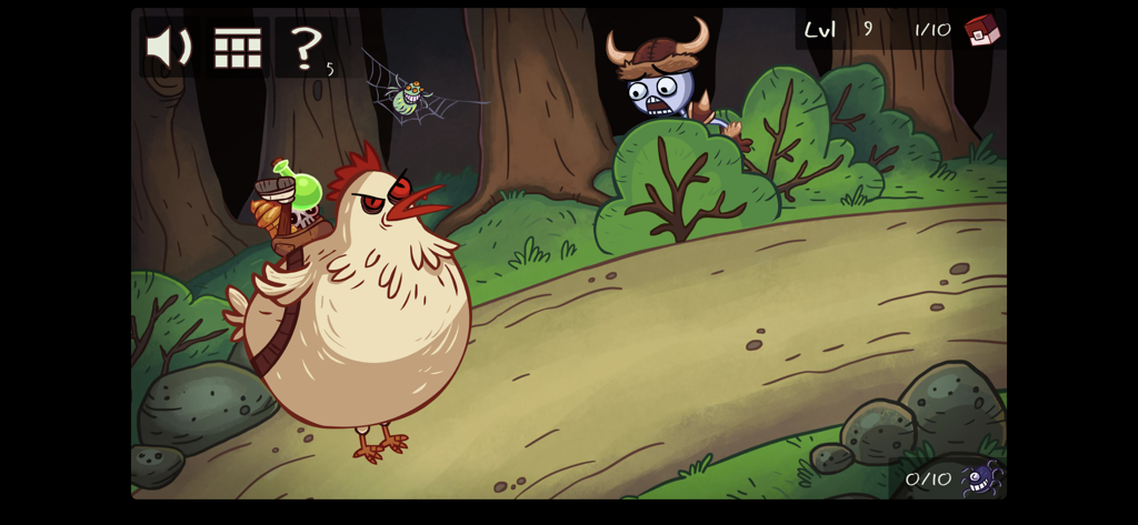 Angry chicken and hiding Viking character in a forest level from Troll Face Quest Video Games
