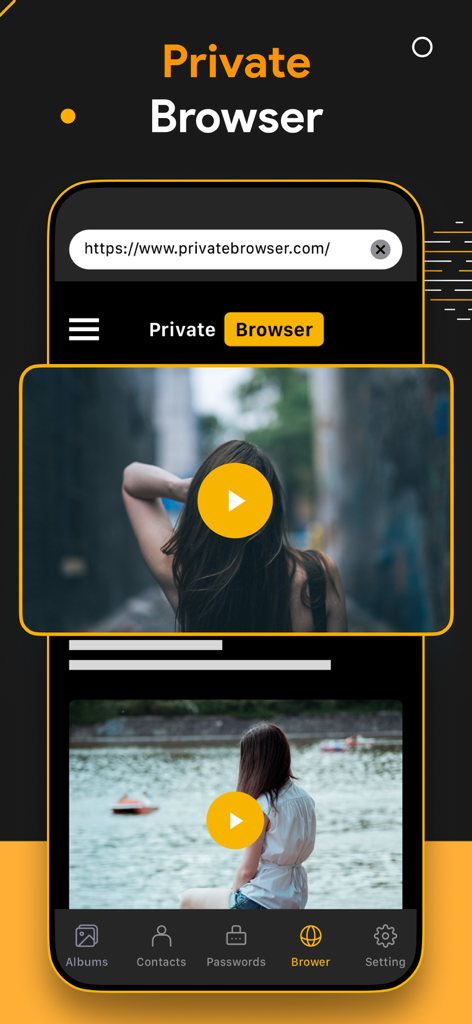 Private browser interface within the SPV Photo Vault app showing secure web surfing