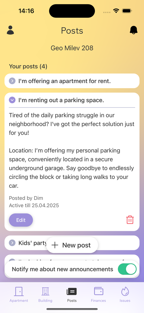 LIVO by Angry Building - LIVO app interface showing a community bulletin board with resident posts for parking and apartment rentals