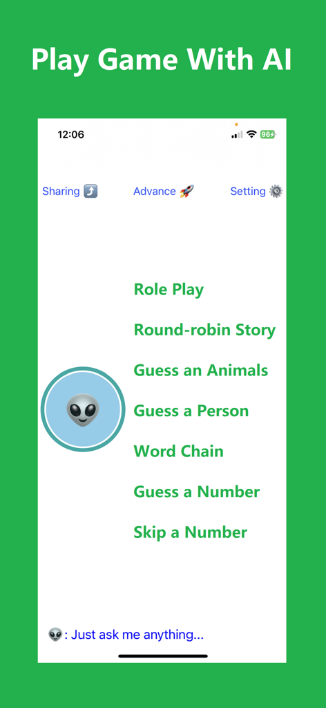 Capture d'écran de l'application Assistant Vocal IA montrant une liste de jeux alimentés par l'IA, y compris Jeu de rôle, Histoire en cercle et Chaîne de mots.