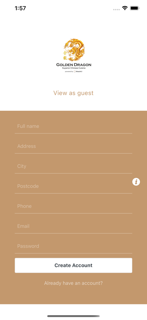 Golden Dragon Truro - Pantalla de registro para la aplicación móvil Golden Dragon Truro que muestra los campos de creación de cuenta