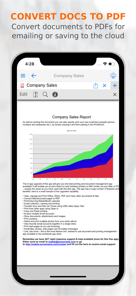 PrintCentral Pro for iPhone - iPhone screen displaying a company sales report with a chart being converted to a PDF document