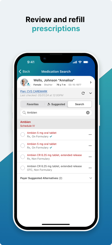NextGen Mobile app interface showing medication search and prescription refill options
