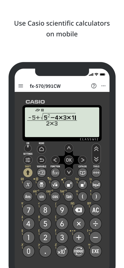 Casio ClassWiz scientific calculator app interface on a mobile phone showing a mathematical formula