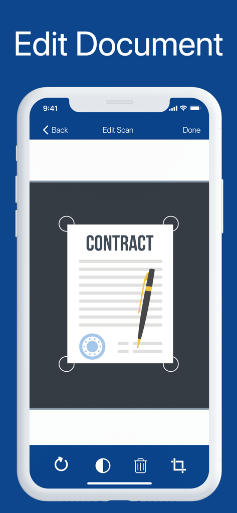 PDF Scanner to scan Document.s - iPhone screen showing the edit document interface of a PDF scanner app with a contract and crop tools