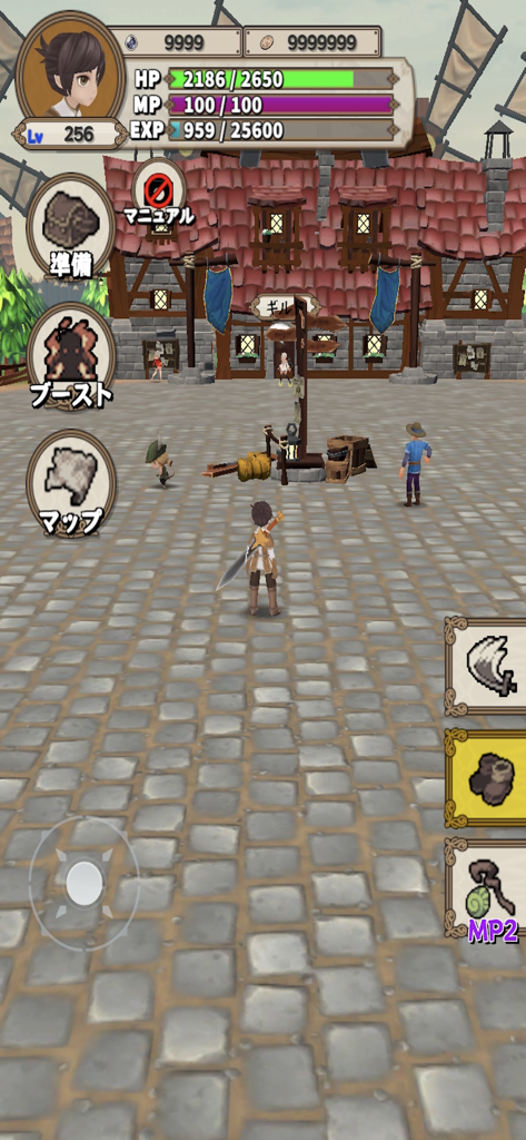 Levelup RPG - Gameplay screenshot of Levelup RPG showing a character in a town square with status bars and game menus