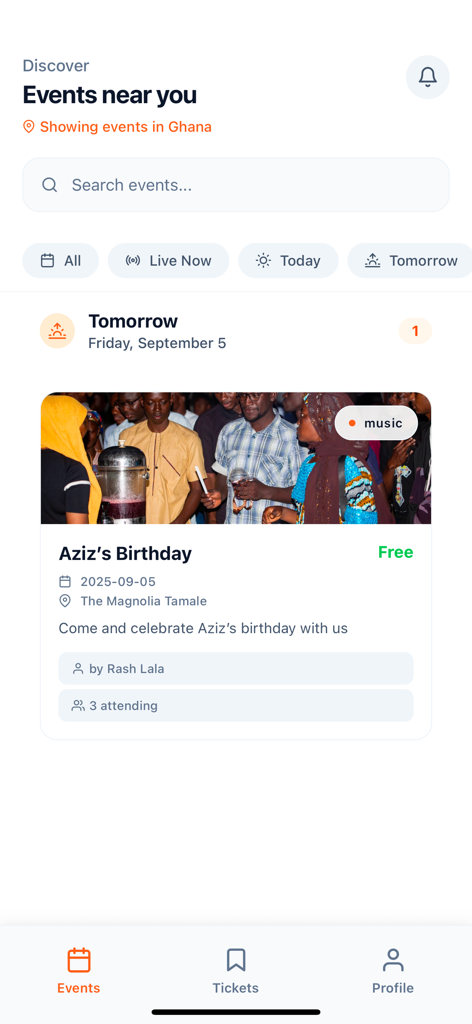 Tikiti - Interface of Tikiti app showing local events discovery and a music event card