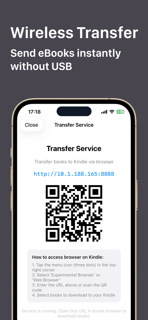 KindleMate - Send to Kindle - KindleMate app interface showing a QR code and local URL for wireless ebook transfer to a Kindle device