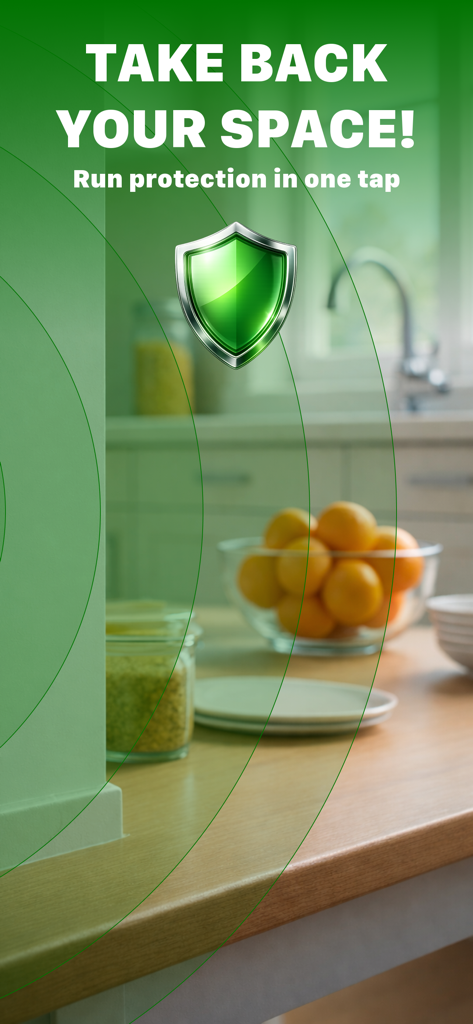 Rodent Repellent - A green protection shield icon and ultrasonic sound waves over a kitchen counter representing pest deterrence