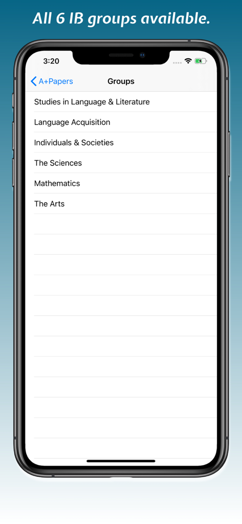 A+Papers: IB Exam Papers - List of the six IB subject groups available in the A+Papers exam app.