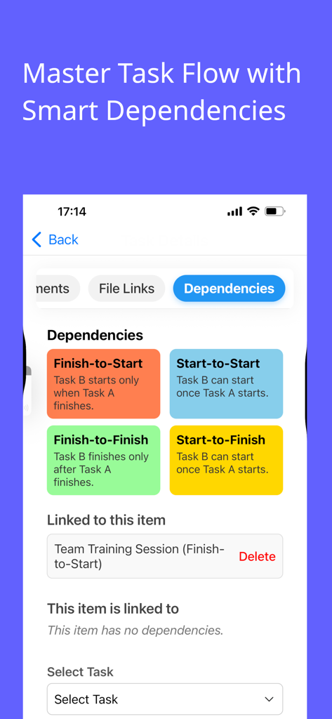 GanttMaster - Manage Projects - GanttMasterアプリのモバイルインターフェース。終了から開始、開始から開始などのタスク依存関係オプションを表示。