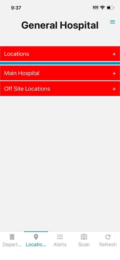 VersaTrak Mobile - 一般病院での温度監視のための施設場所を示すVersaTrak Mobileアプリインターフェース。