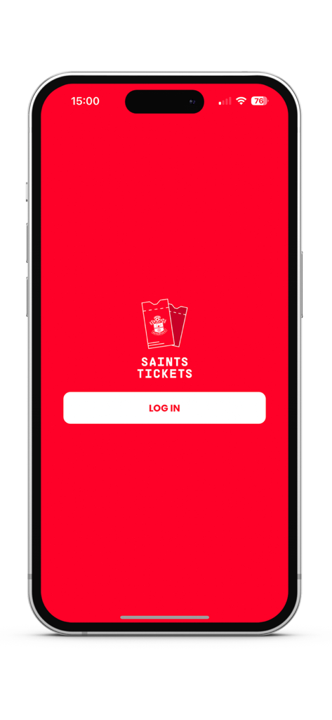 빨간색 배경과 사우스햄튼 FC 티켓팅 로고가 있는 사우스햄튼 FC 경기 입장권 앱 로그인 화면.