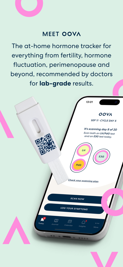 OOVA - Smartphone showing the OOVA app interface next to an at-home hormone test strip