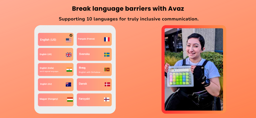 Graphique présentant les 10 langues prises en charge par Avaz AAC, ainsi qu'une femme en fauteuil roulant utilisant l'application sur un iPad.