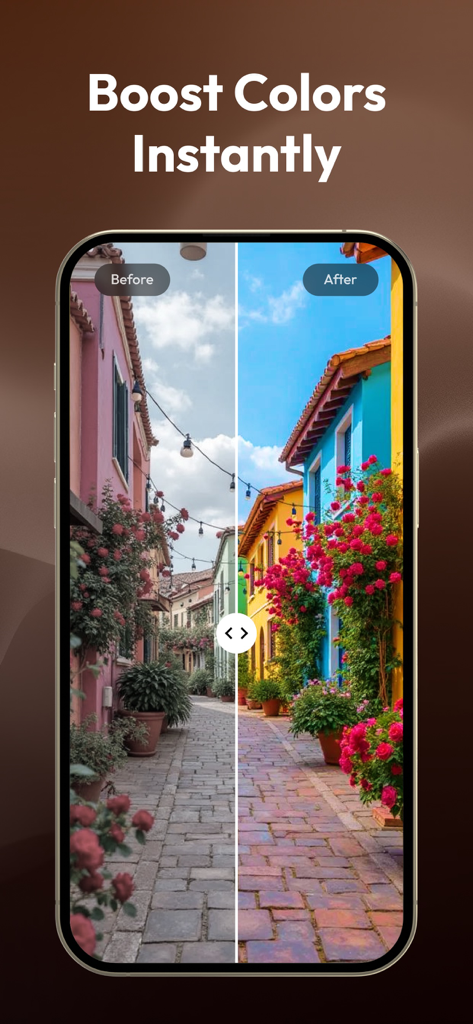 Comparación antes y después de una escena callejera con colores realzados usando la aplicación Refino