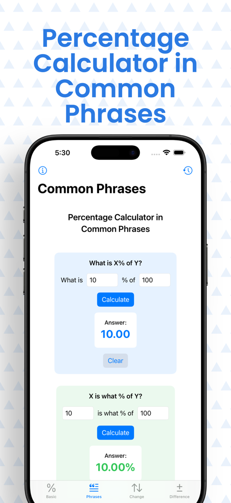 Screenshot of Percentage Calculator Auto app showing the common phrases calculation interface on an iPhone