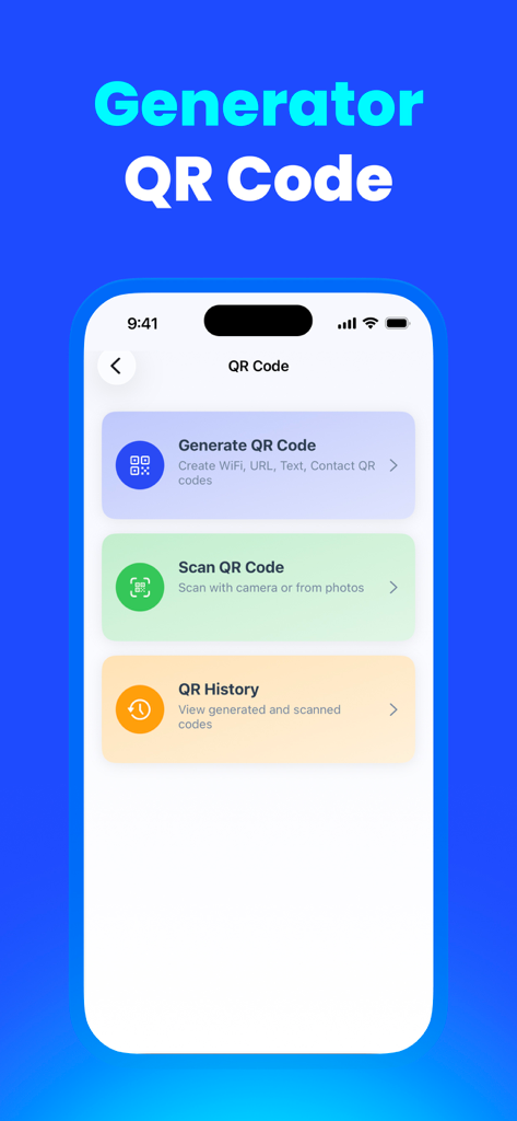 PureDefend: Security & Cleaner - PureDefend app interface showing QR code generation and scanning menu items