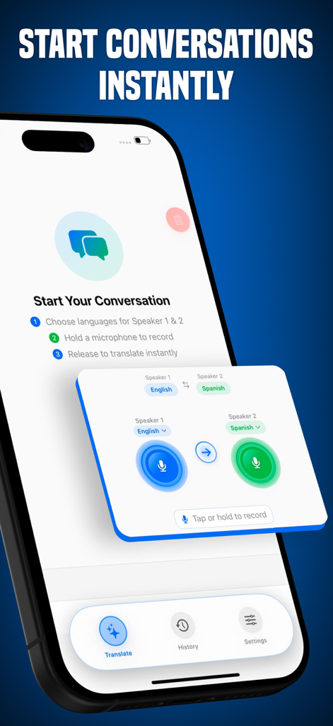 AI Translator – Go Translate - Echtzeit-Sprachübersetzungs-Oberfläche für sofortige Gespräche zwischen zwei Sprachen