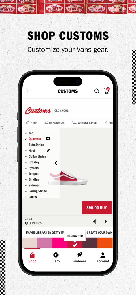 Vans Family - The customization screen of the Vans Family app for designing personalized shoes