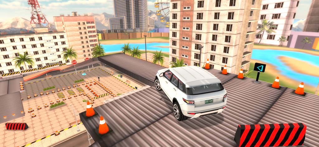 A white SUV navigating a rooftop parking course with orange cones in a 3D city environment