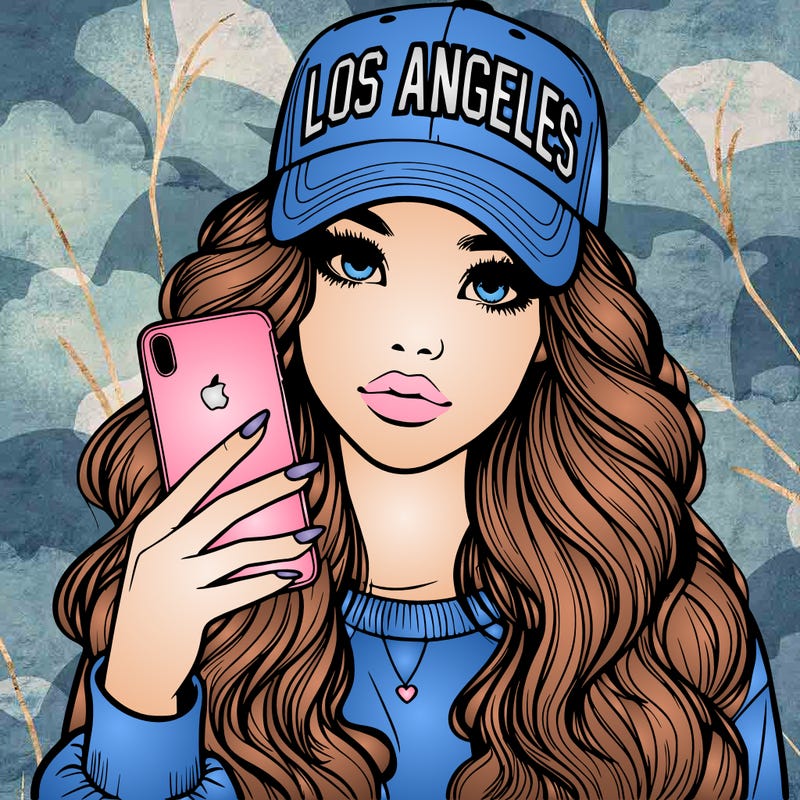 realistic beautiful girl wearing los ángeles cap holding an iphone