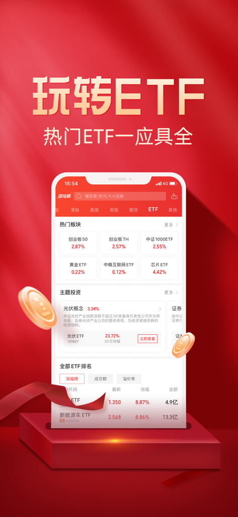 同花顺至尊版-股票软件 - A smartphone screen showing the ETF market section of the Flush Supreme Edition app with various sector rankings