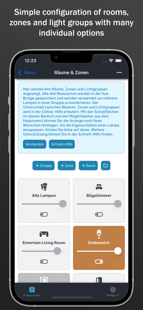 all 4 hue 앱의 Philips Hue 방 및 구역 관리