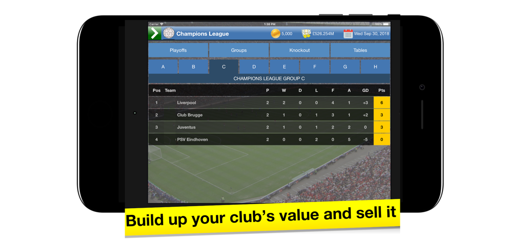 Clasificaciones de grupos de la Liga de Campeones y estadísticas de clubes en el juego móvil Soccer Tycoon
