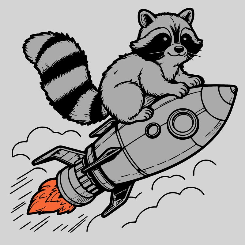 realistic raccoon flying on top rocket ship