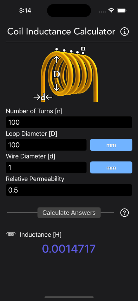 Interface de l'application Calculateur d'Inductance de Bobine affichant les champs de calcul pour le diamètre des spires et la perméabilité.