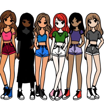 a group of girls wearing crop tops and shorts