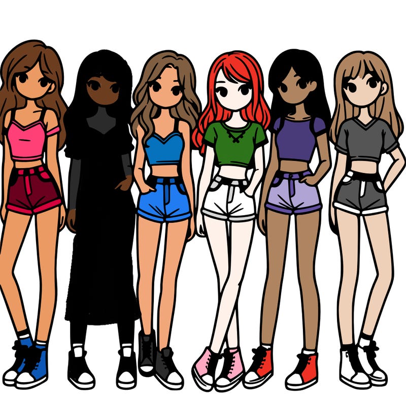 a group of girls wearing crop tops and shorts